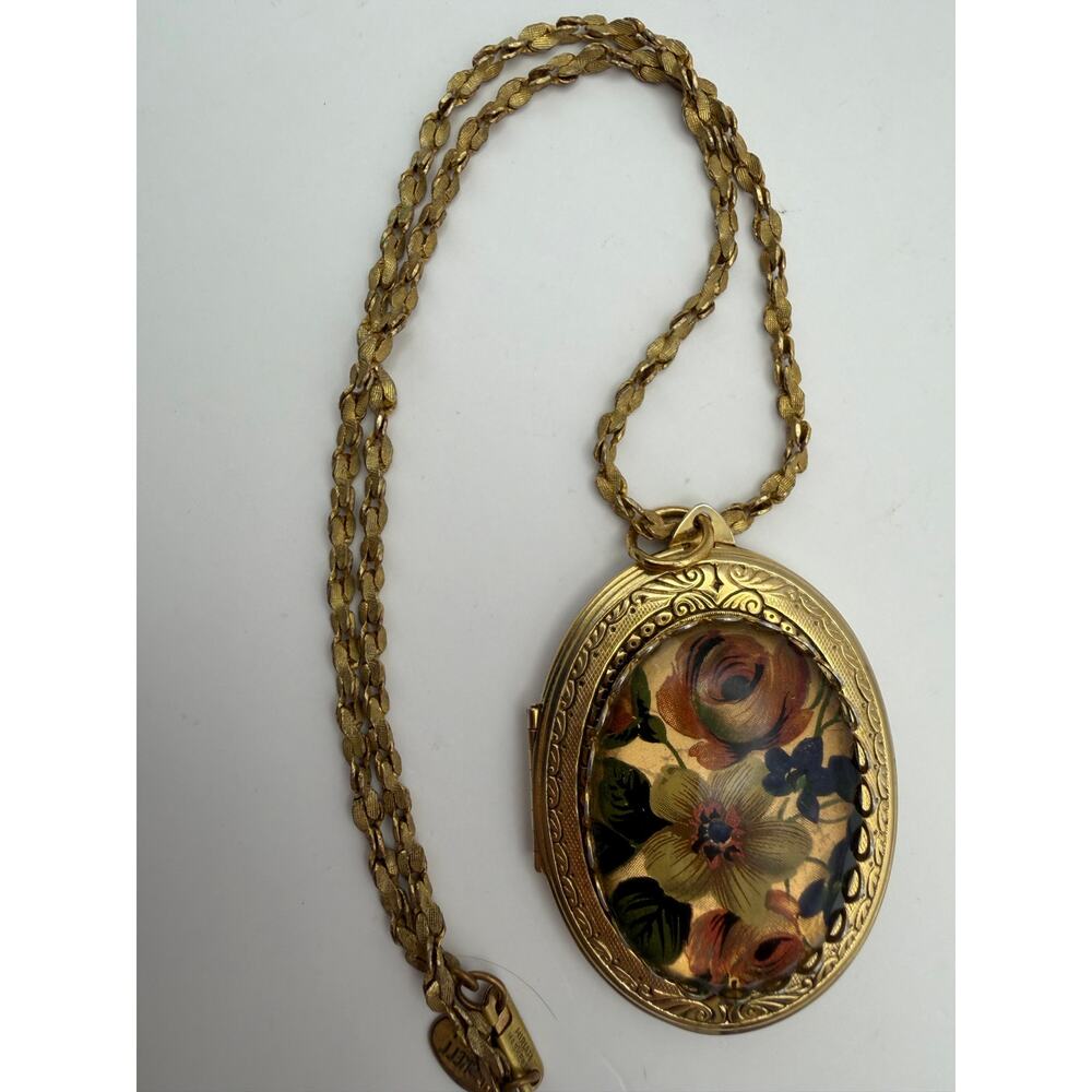 Vintage Miriam Haskell Large Floral Locket Pendant Necklace Signed 1970s - Picture 6 of 9